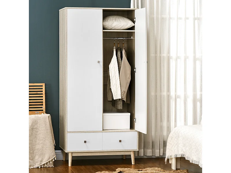 Armadio 2 ante in legno con 4 vani 2 cassetti e appendiabiti