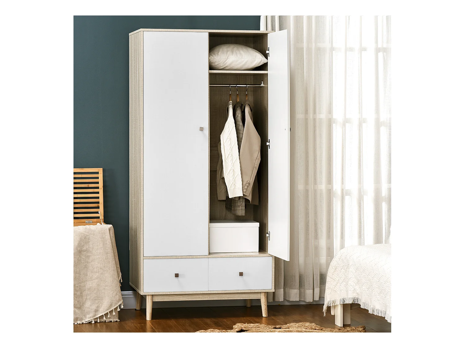 Armadio 2 ante in legno con 4 vani 2 cassetti e appendiabiti