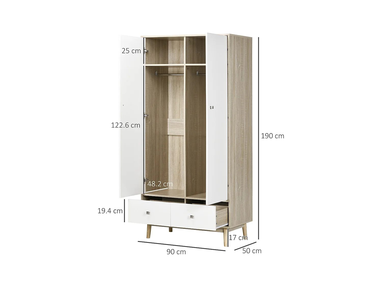 Armadio 2 ante in legno con 4 vani 2 cassetti e appendiabiti