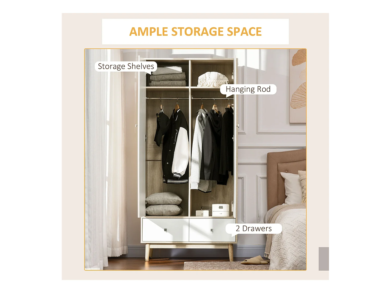 Armadio 2 ante in legno con 4 vani 2 cassetti e appendiabiti