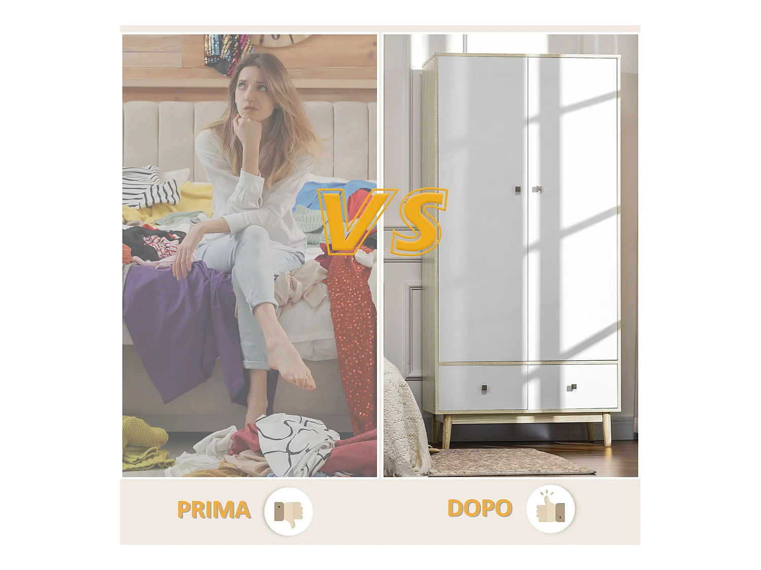 Armadio 2 ante in legno con 4 vani 2 cassetti e appendiabiti