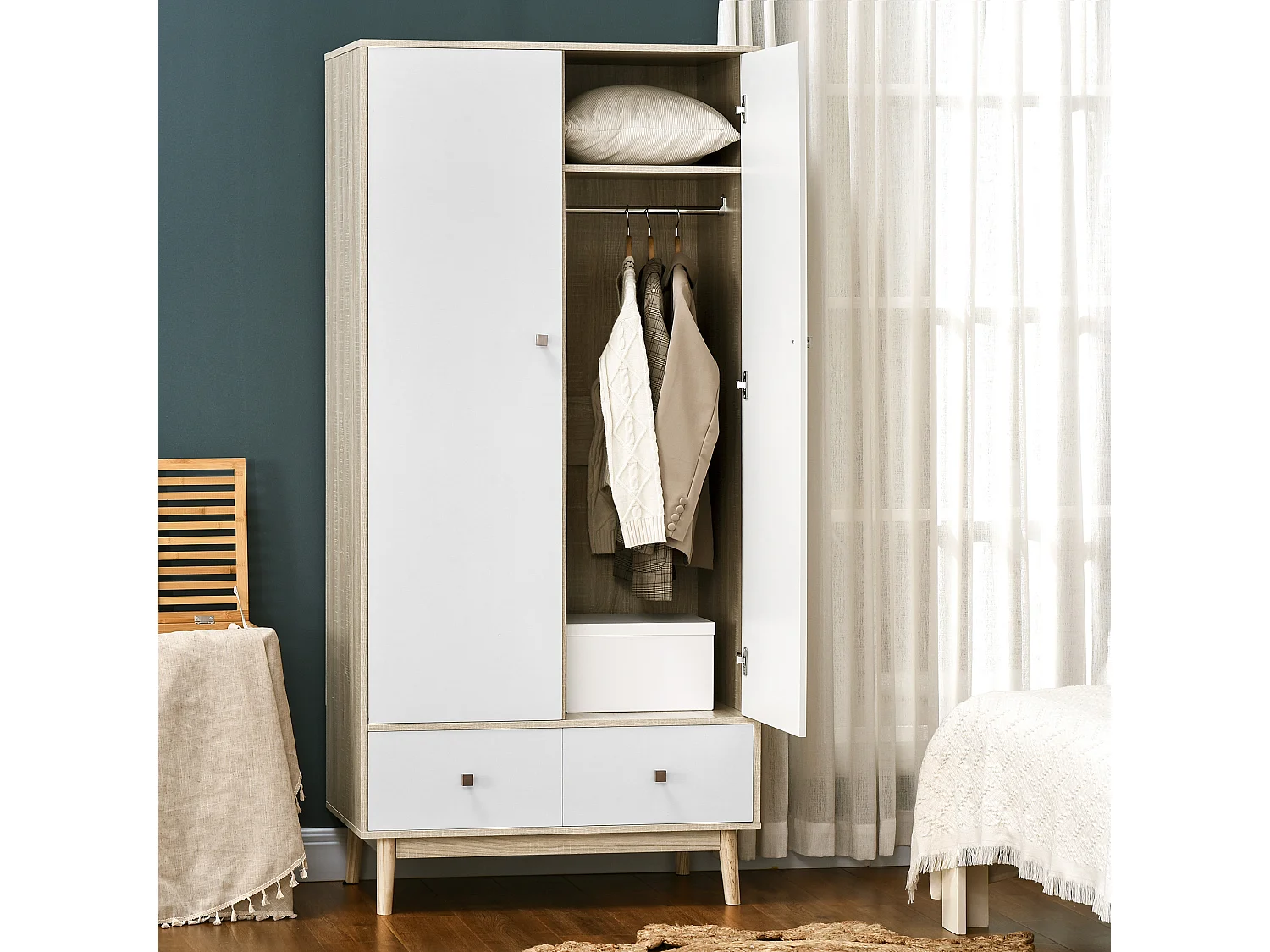 Armadio 2 ante in legno con 4 vani 2 cassetti e appendiabiti