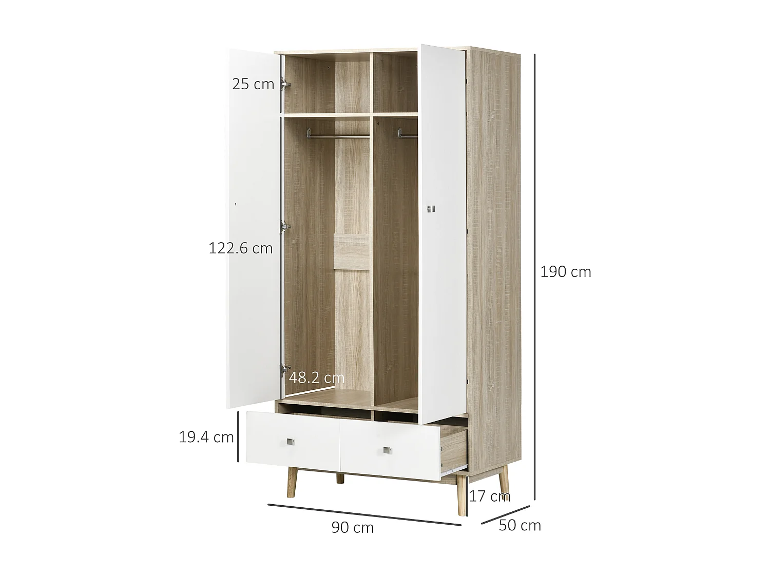 Armadio 2 ante in legno con 4 vani 2 cassetti e appendiabiti