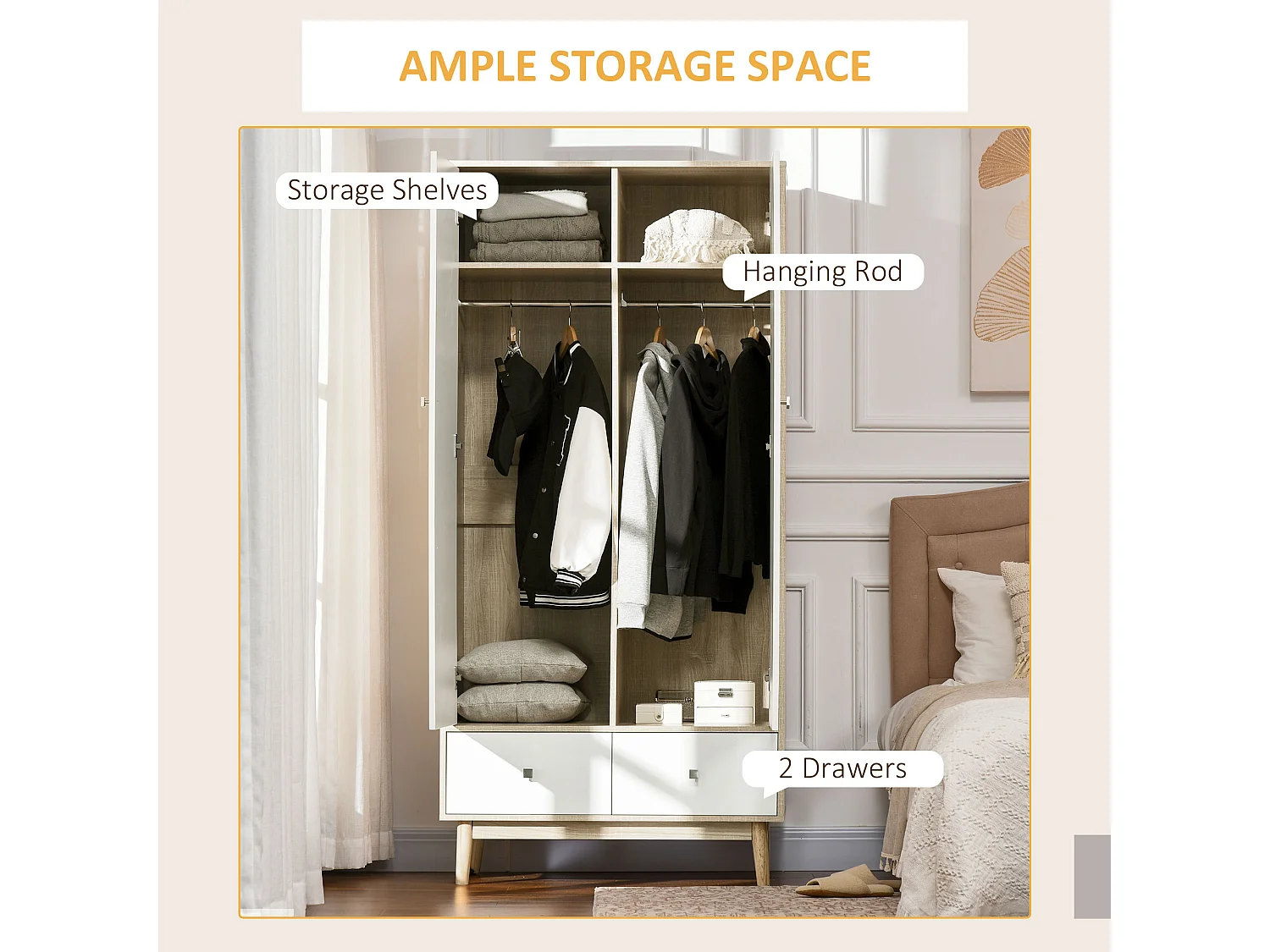 Armadio 2 ante in legno con 4 vani 2 cassetti e appendiabiti