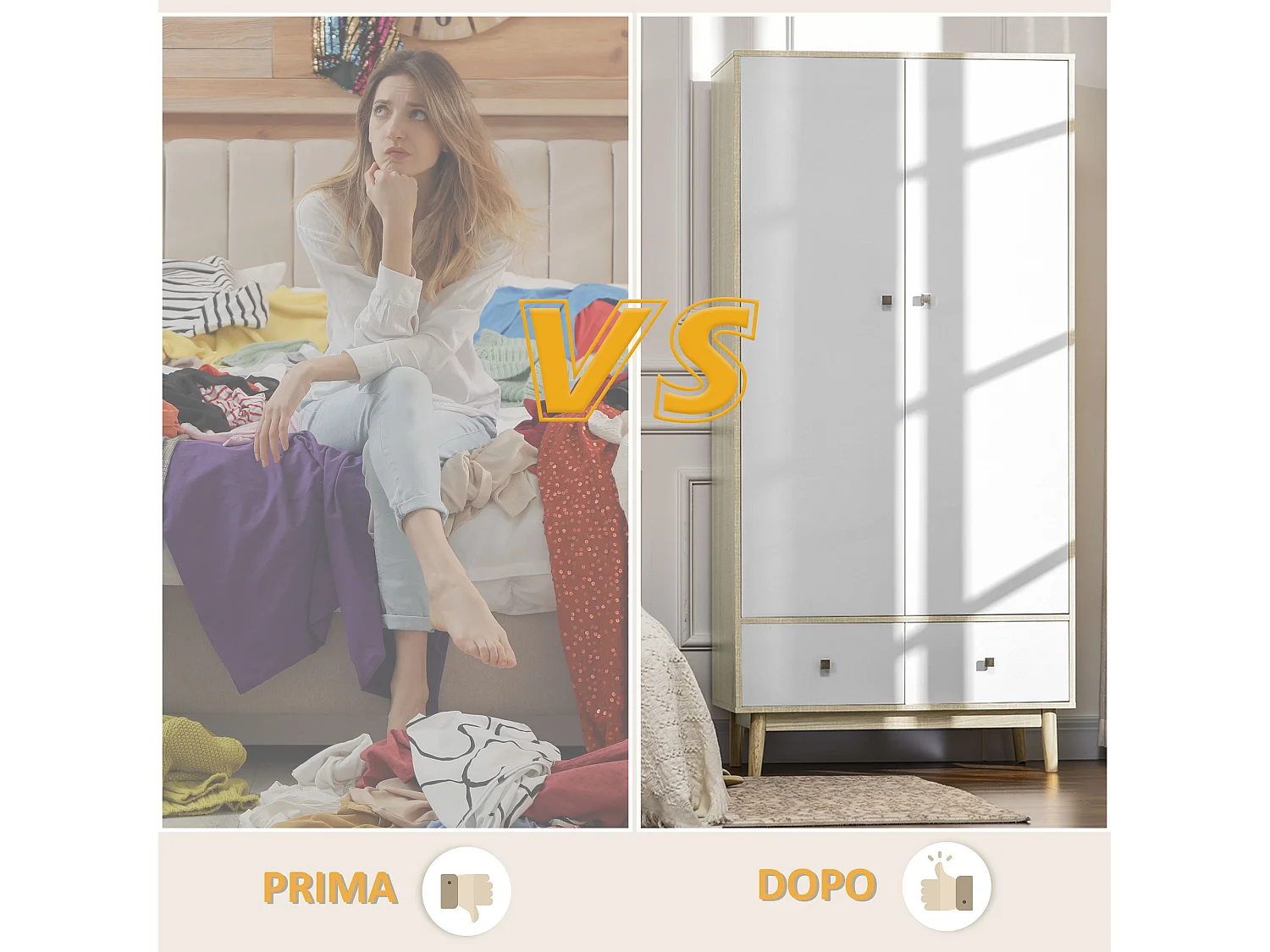 Armadio 2 ante in legno con 4 vani 2 cassetti e appendiabiti