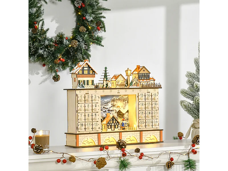 Calendario dell'avvento in legno 24 cassetti villaggio e luci