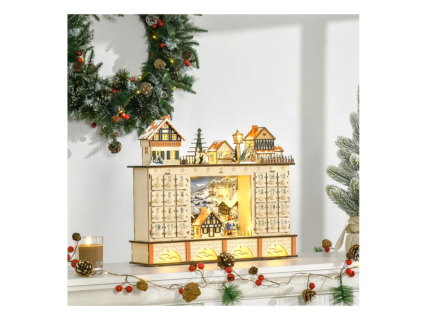 Calendario dell'avvento in legno 24 cassetti villaggio e luci