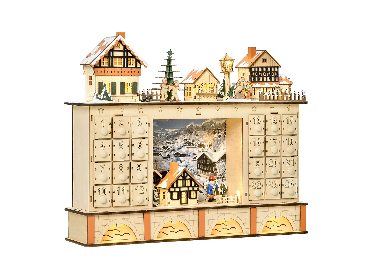 Calendario dell'avvento in legno 24 cassetti villaggio e luci