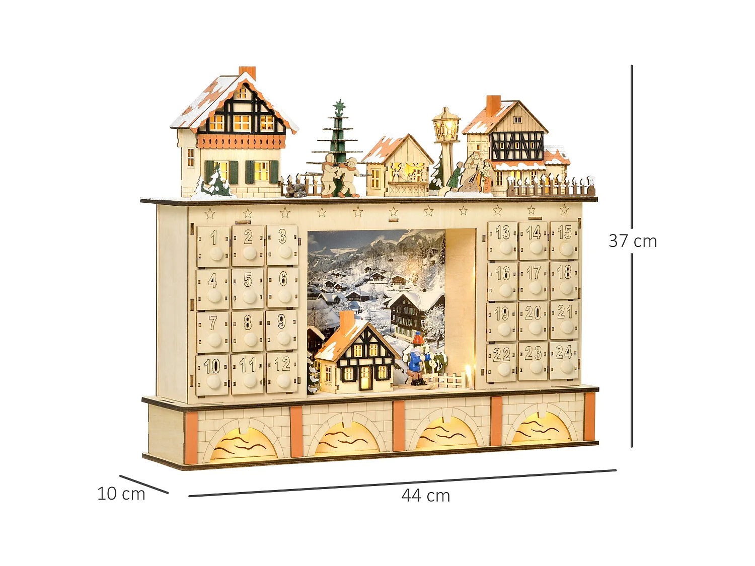 Calendario dell'avvento in legno 24 cassetti villaggio e luci