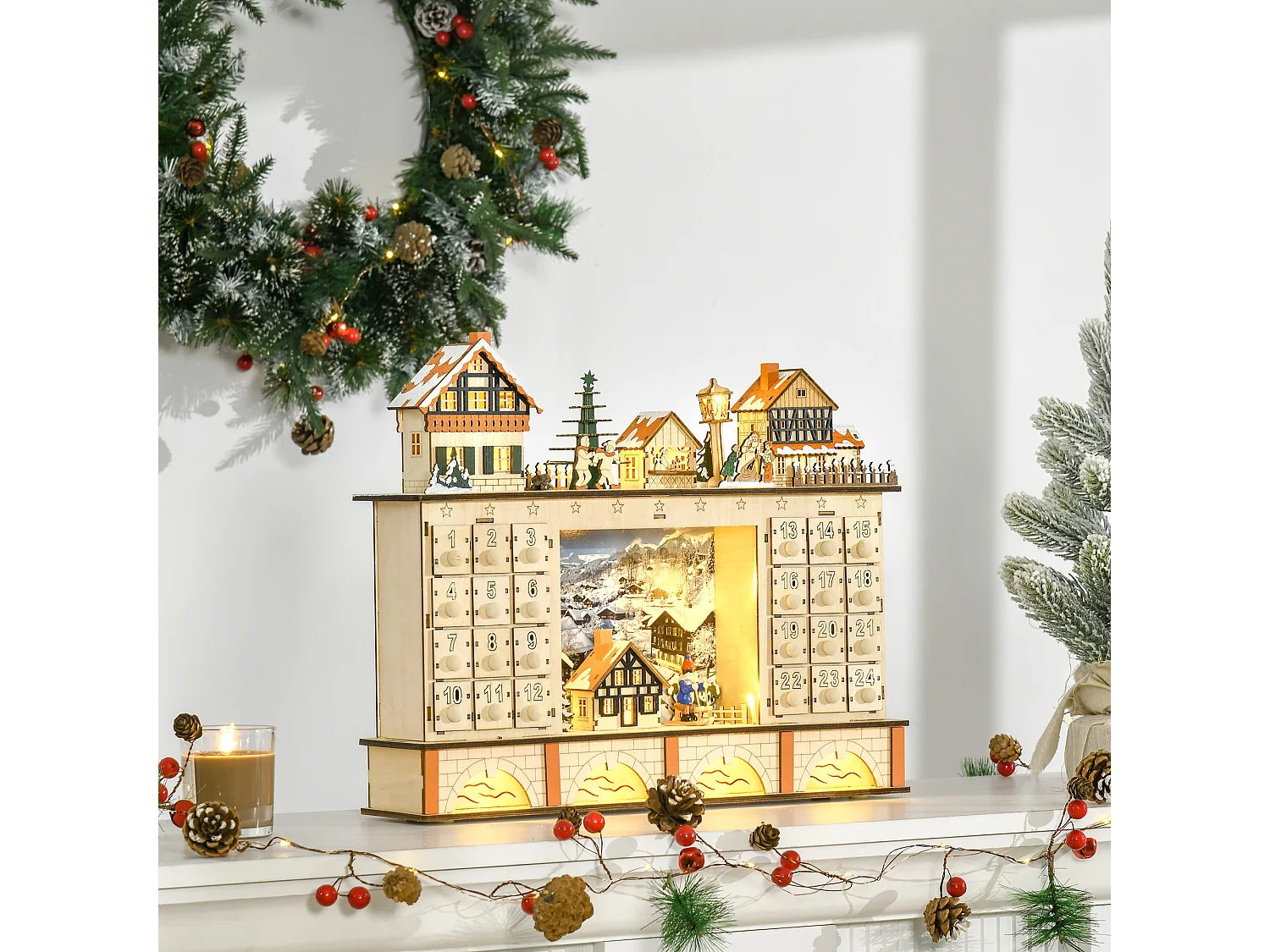 Calendario dell'avvento in legno 24 cassetti villaggio e luci