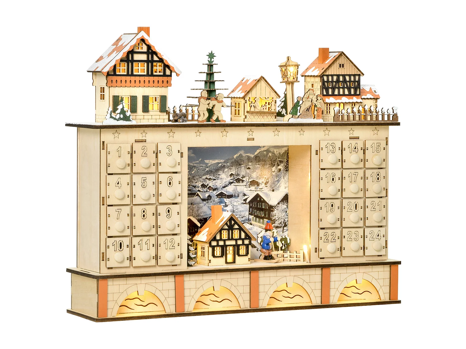 Calendario dell'avvento in legno 24 cassetti villaggio e luci