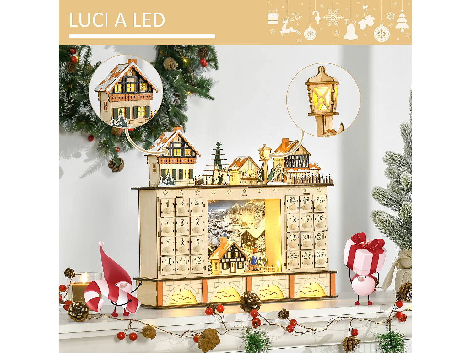 Calendario dell'avvento in legno 24 cassetti villaggio e luci