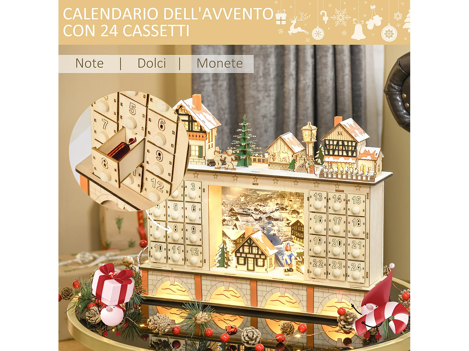 Calendario dell'avvento in legno 24 cassetti villaggio e luci