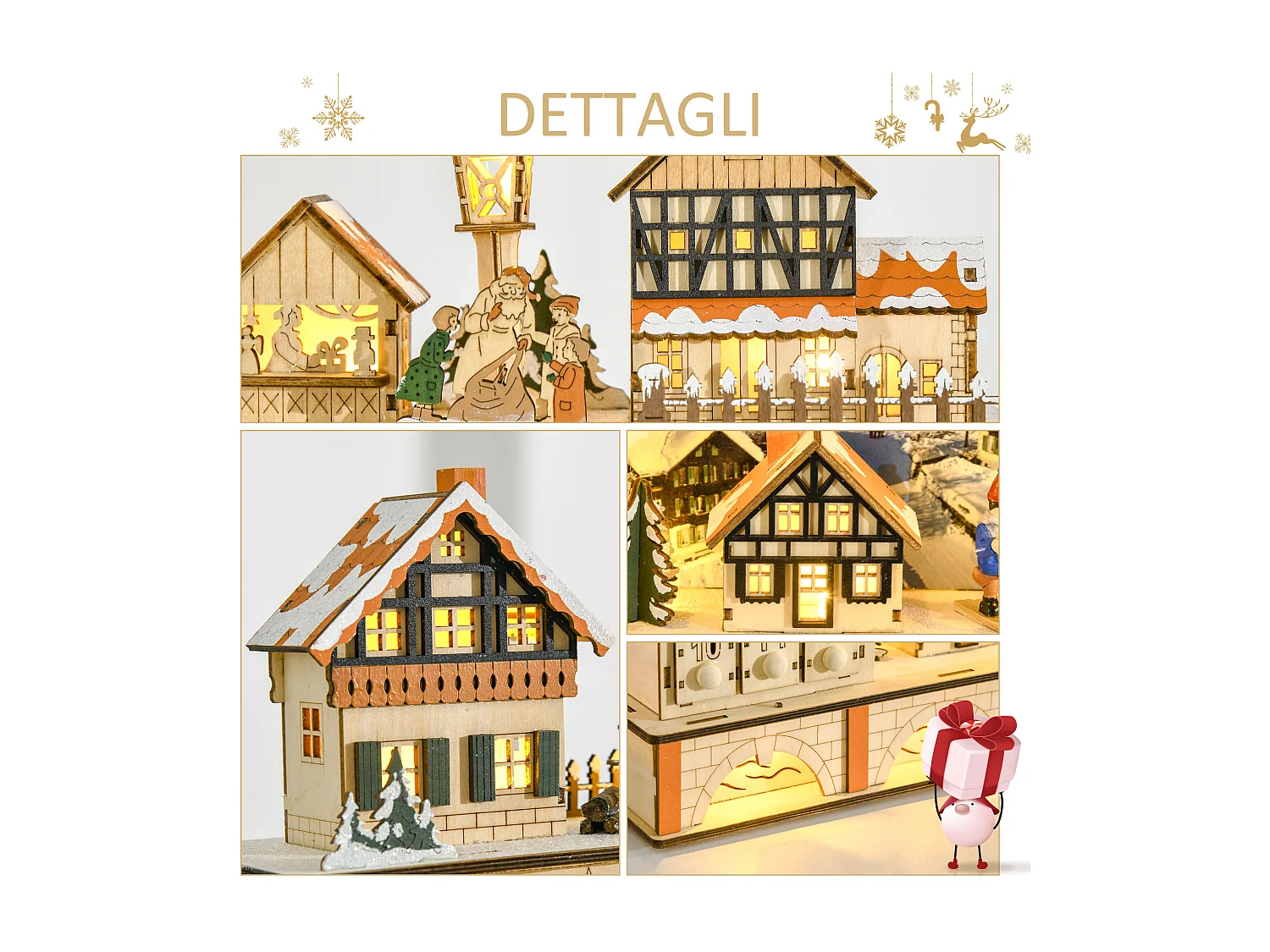 Calendario dell'avvento in legno 24 cassetti villaggio e luci