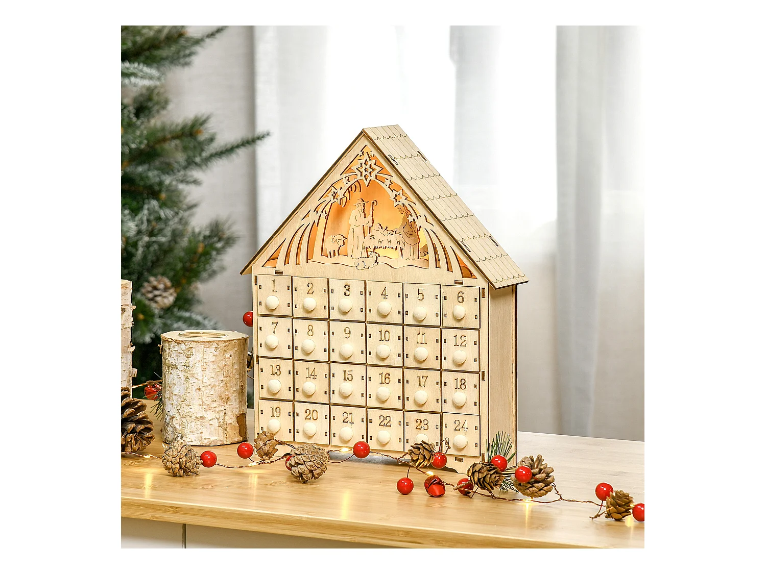 Calendario dell'avvento 24 cassetti presepe intagliato e luci