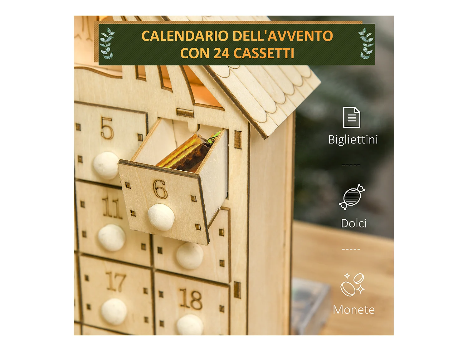 Calendario dell'avvento 24 cassetti presepe intagliato e luci