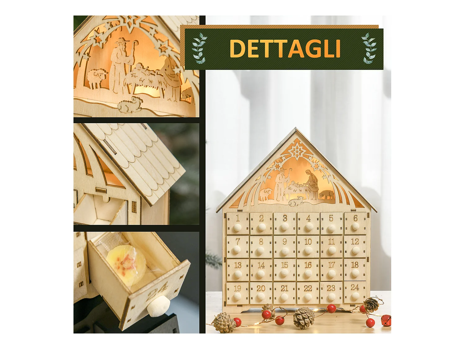 Calendario dell'avvento 24 cassetti presepe intagliato e luci