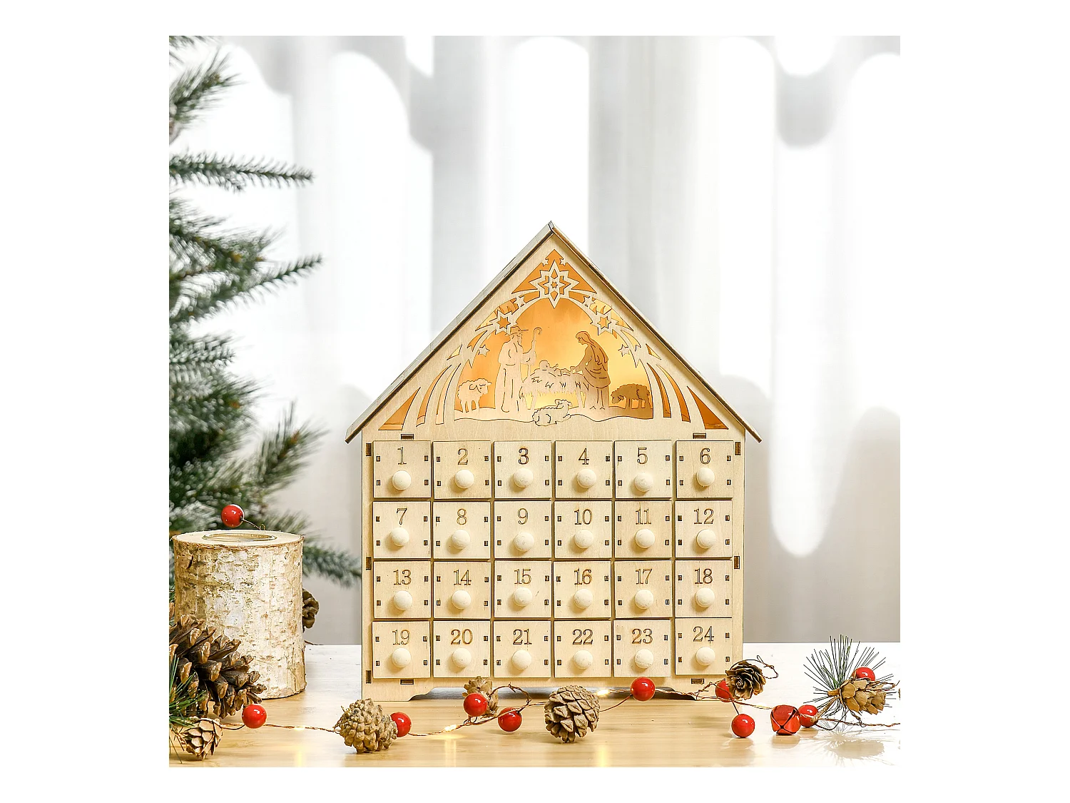 Calendario dell'avvento 24 cassetti presepe intagliato e luci