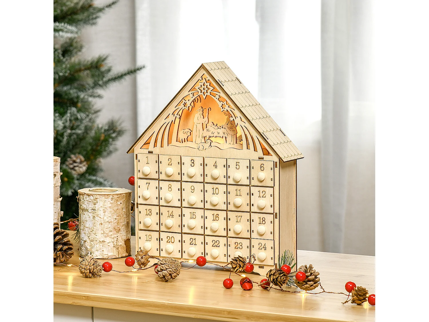 Calendario dell'avvento 24 cassetti presepe intagliato e luci