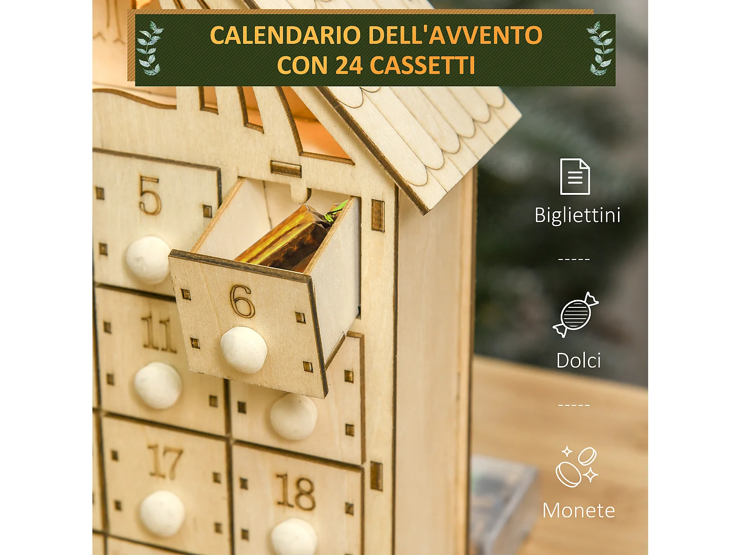 Calendario dell'avvento 24 cassetti presepe intagliato e luci