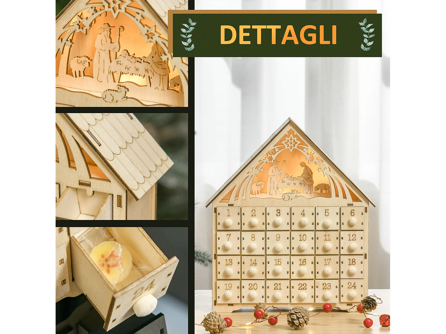 Calendario dell'avvento 24 cassetti presepe intagliato e luci