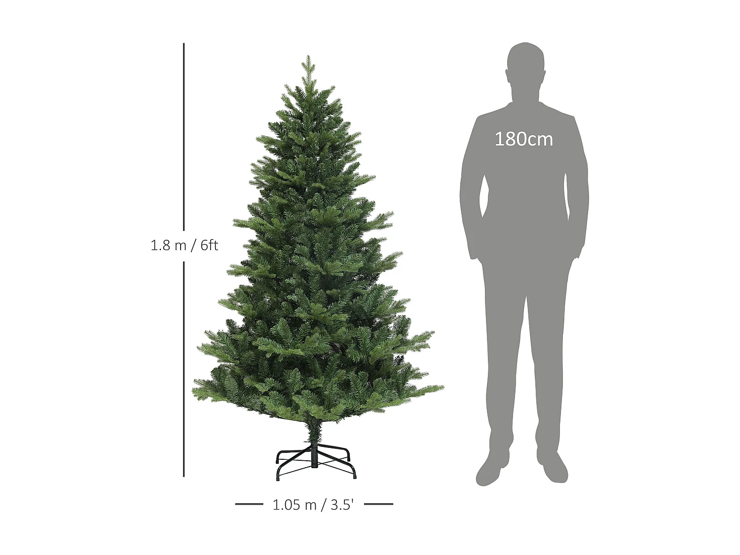 Albero di natale artificiale alto 180cm con 818 rami e base acciaio