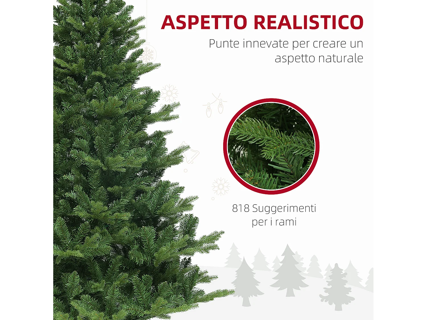 Albero di natale artificiale alto 180cm con 818 rami e base acciaio