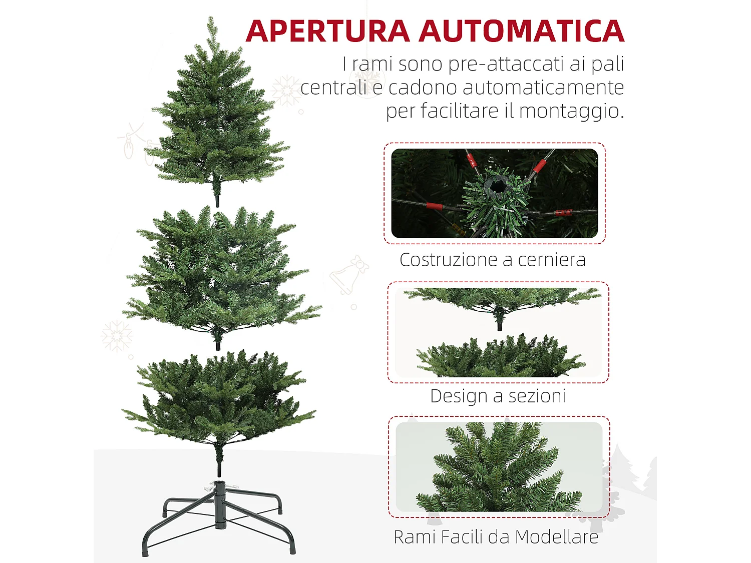 Albero di natale artificiale alto 180cm con 818 rami e base acciaio