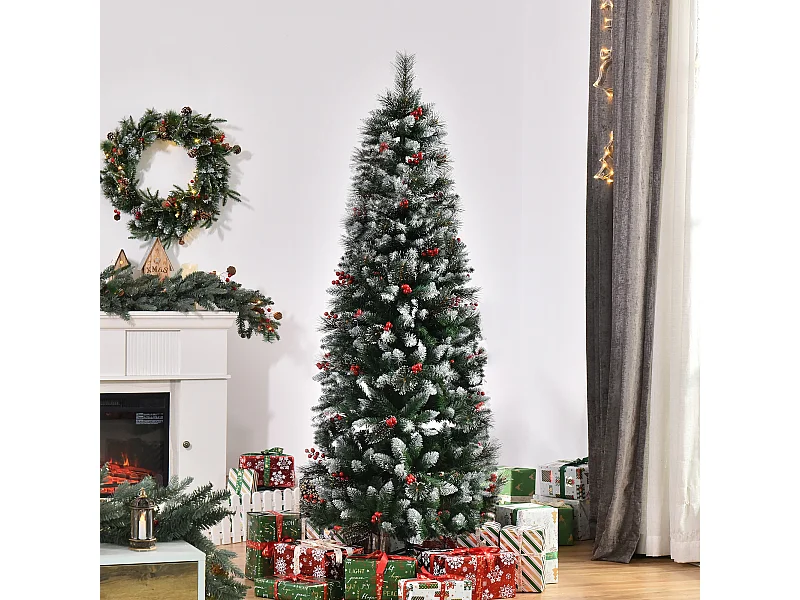 Albero di natale 180cm con 539 rami innevati e bacche rosse
