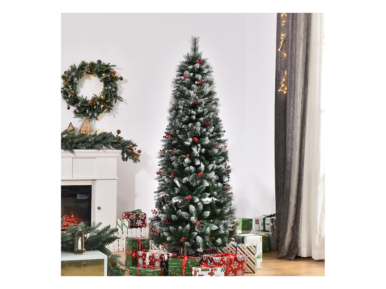 Albero di natale 180cm con 539 rami innevati e bacche rosse