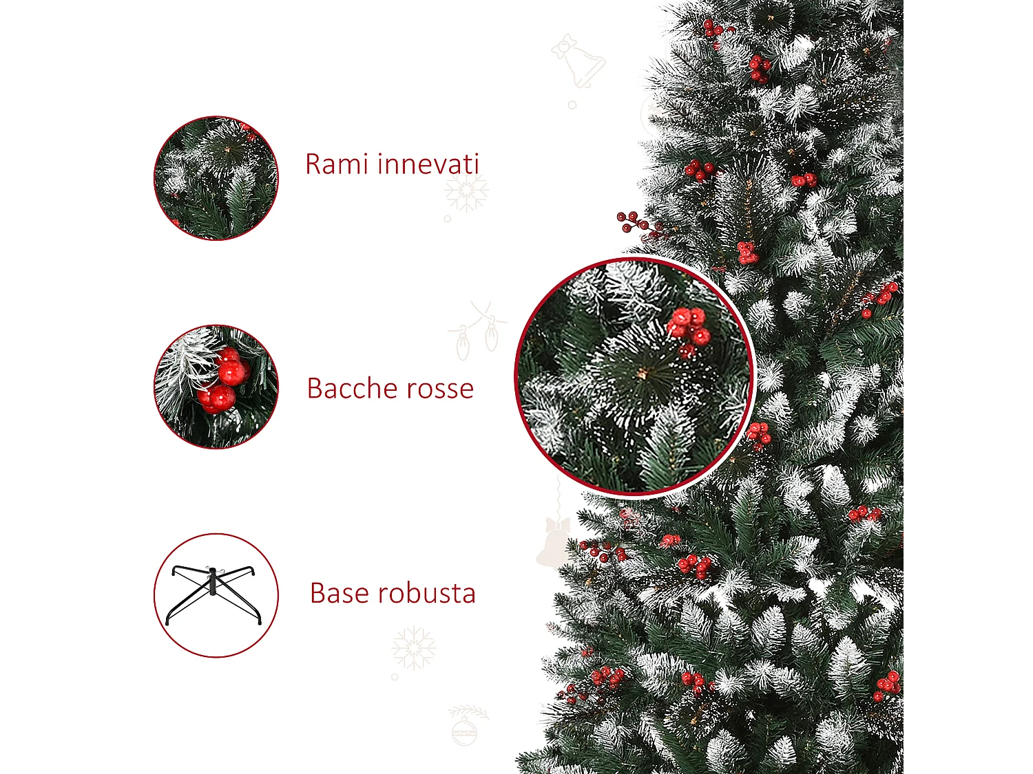 Albero di natale 180cm con 539 rami innevati e bacche rosse