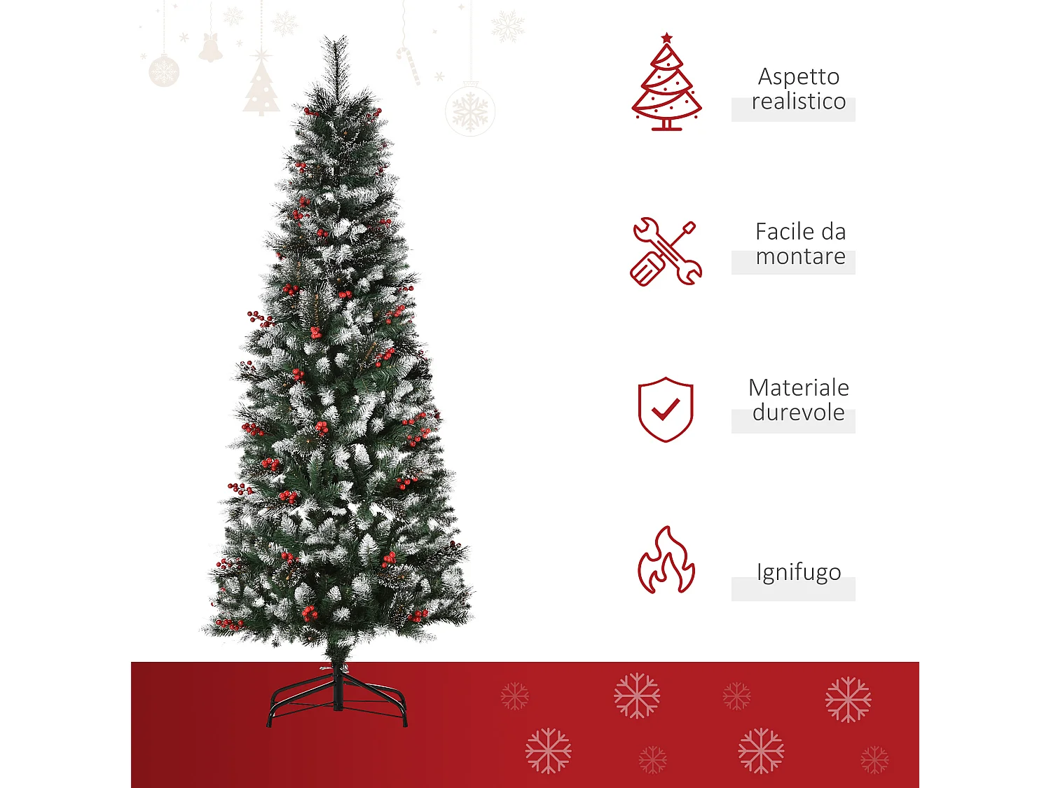 Albero di natale 180cm con 539 rami innevati e bacche rosse