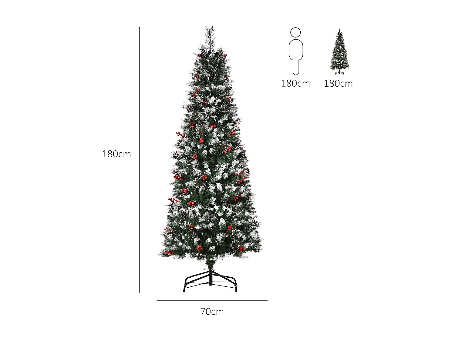 Albero di natale 180cm con 539 rami innevati e bacche rosse