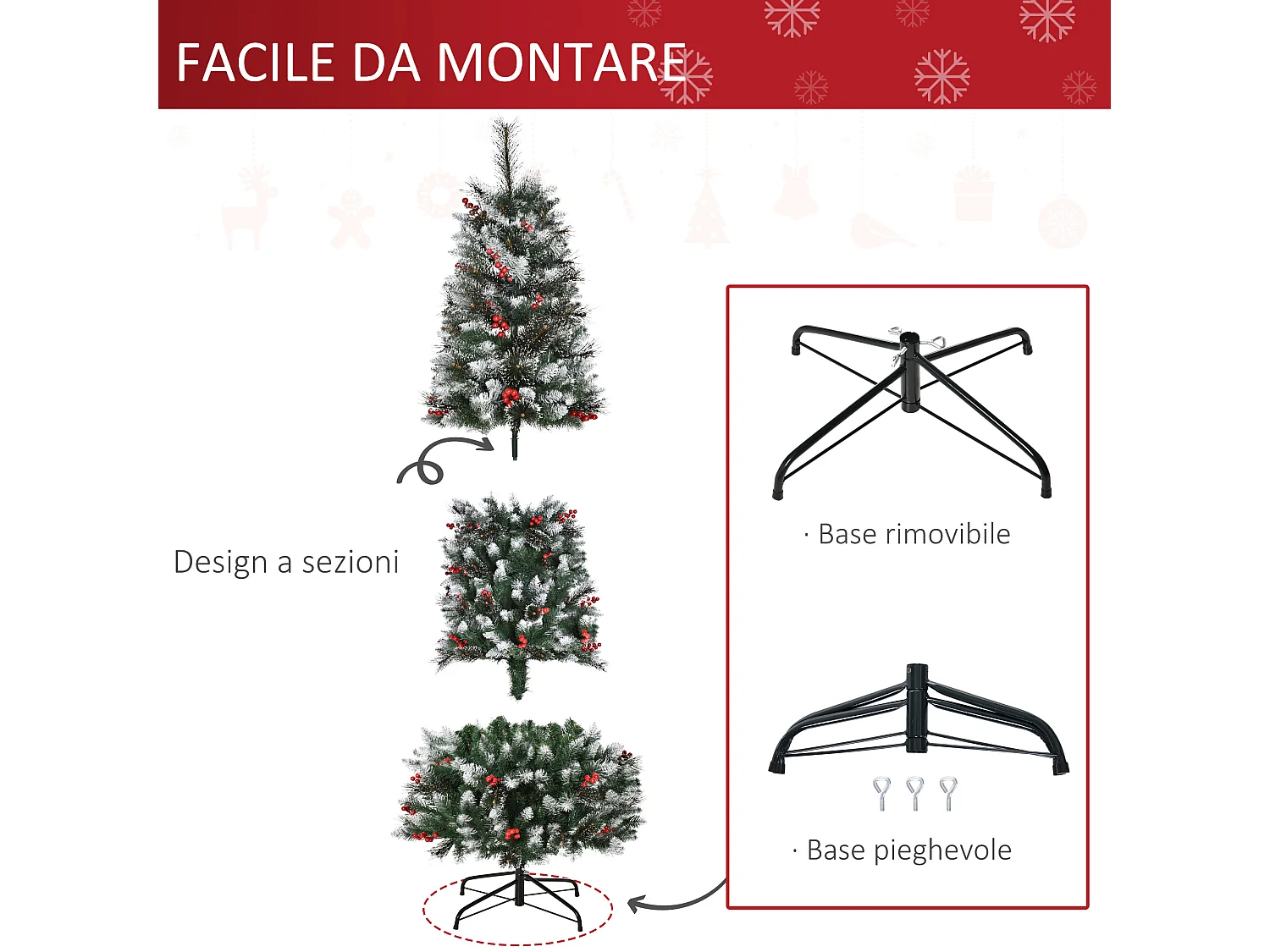 Albero di natale 180cm con 539 rami innevati e bacche rosse