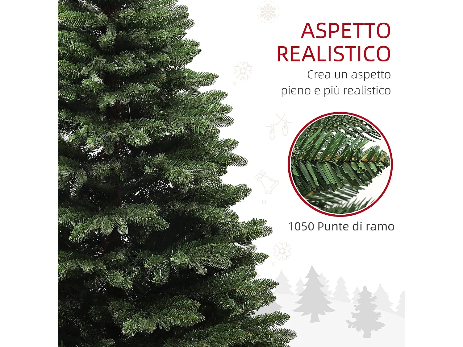 Albero di natale artificiale 1050 rami e base pieghevole Ø120x180 cm