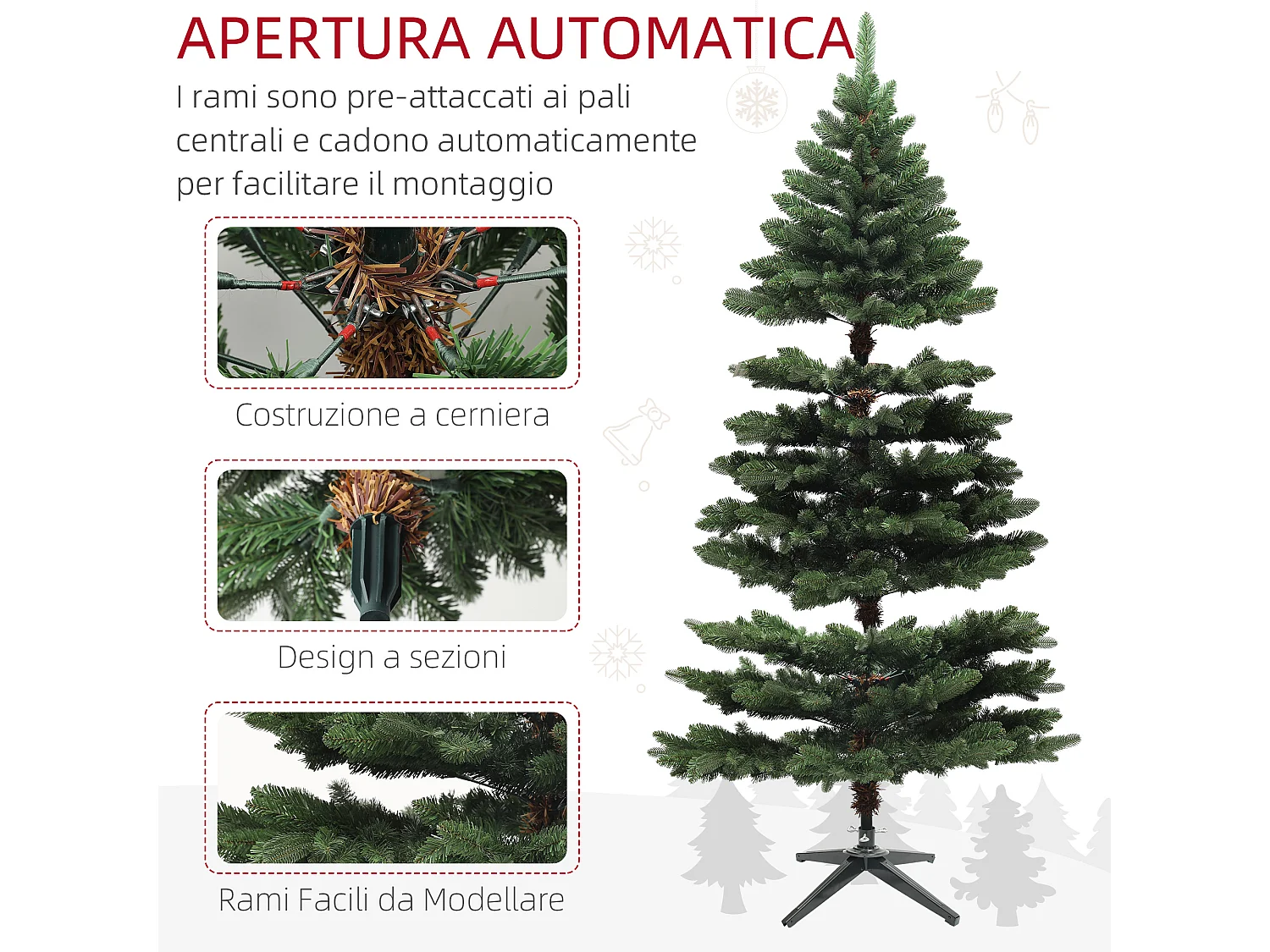 Albero di natale artificiale 1050 rami e base pieghevole Ø120x180 cm