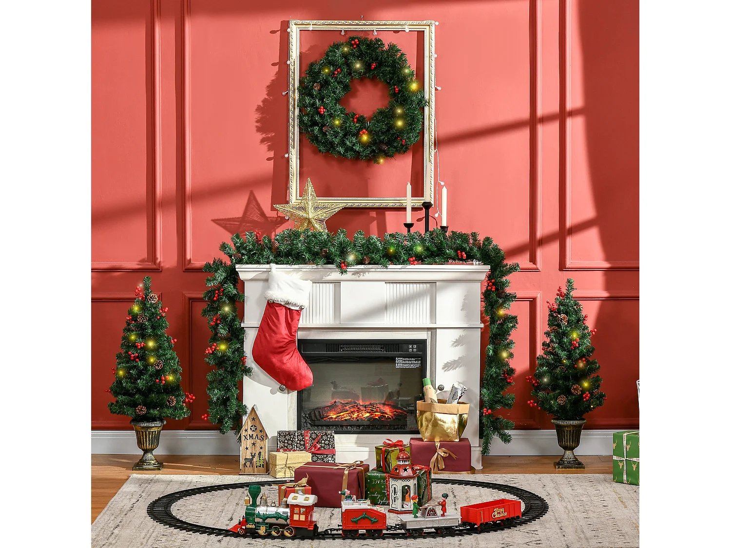 Decorazioni natalizie set 4 pz con 2 alberi ghirlanda e corona