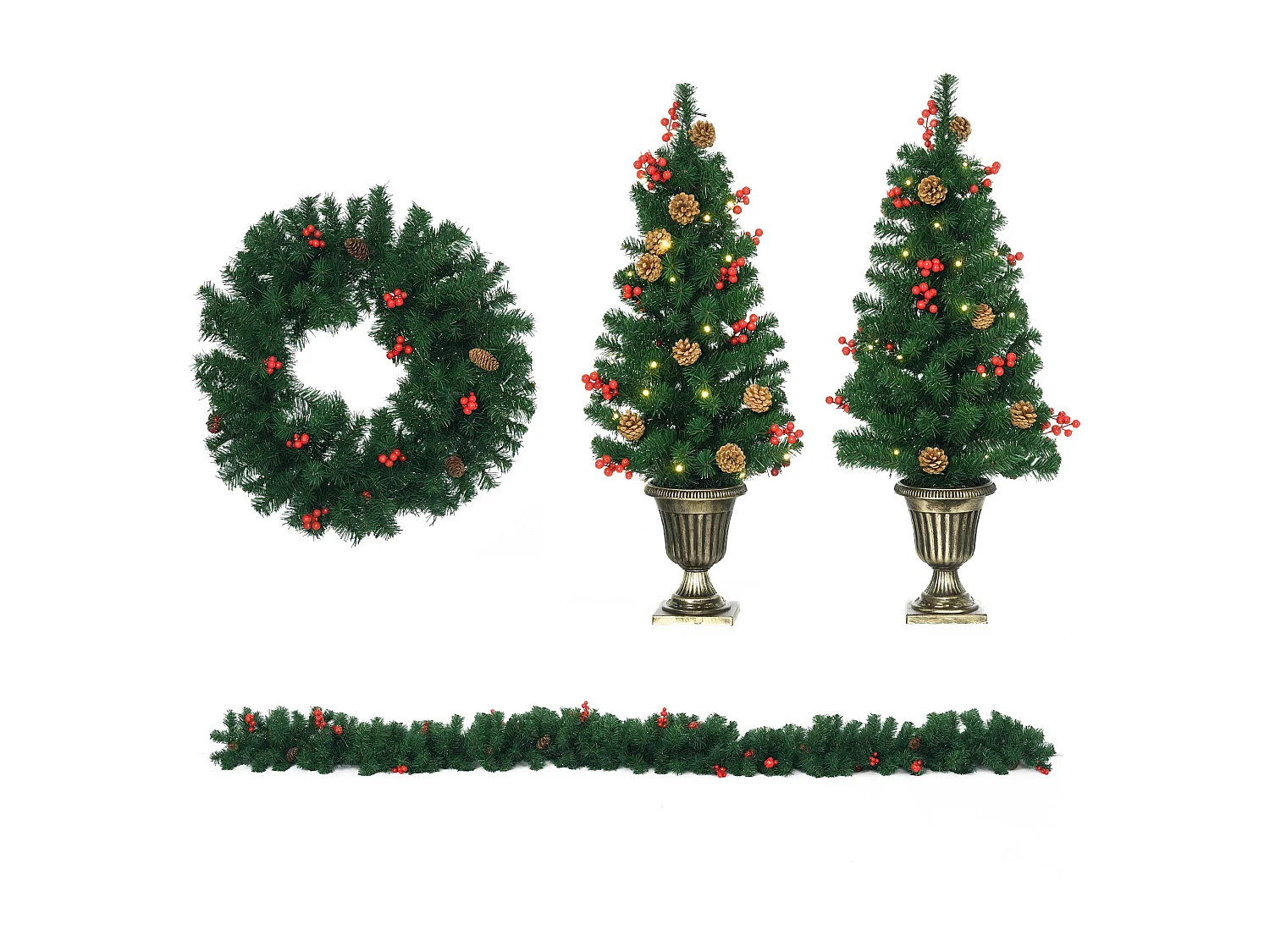 Decorazioni natalizie set 4 pz con 2 alberi ghirlanda e corona