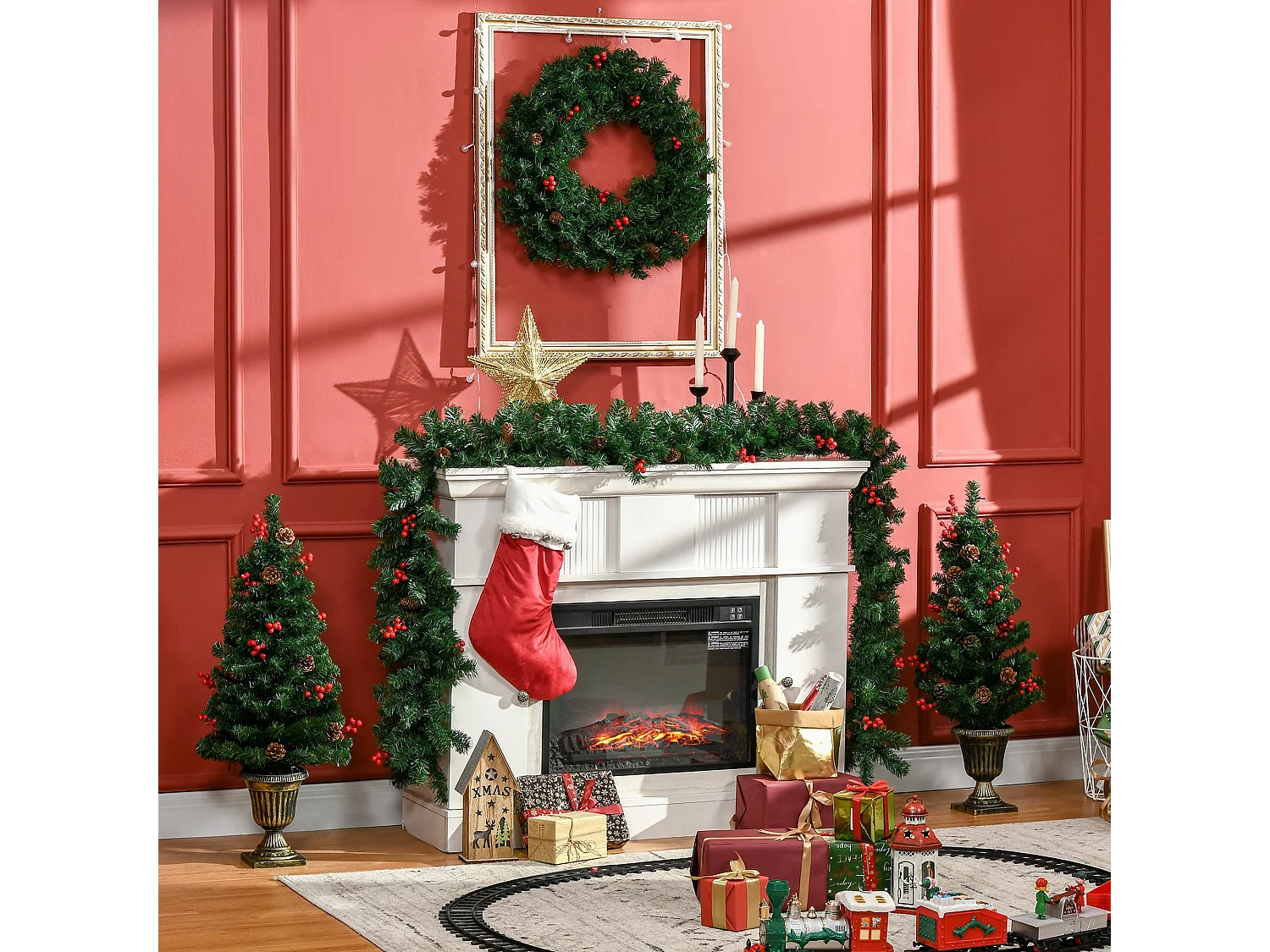 Decorazioni natalizie set 4 pz con 2 alberi ghirlanda e corona