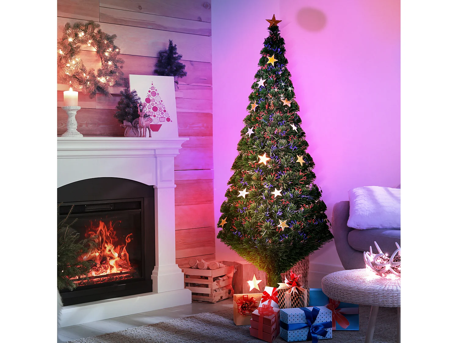 Albero di Natale con led e fibre ottiche in pvc verde