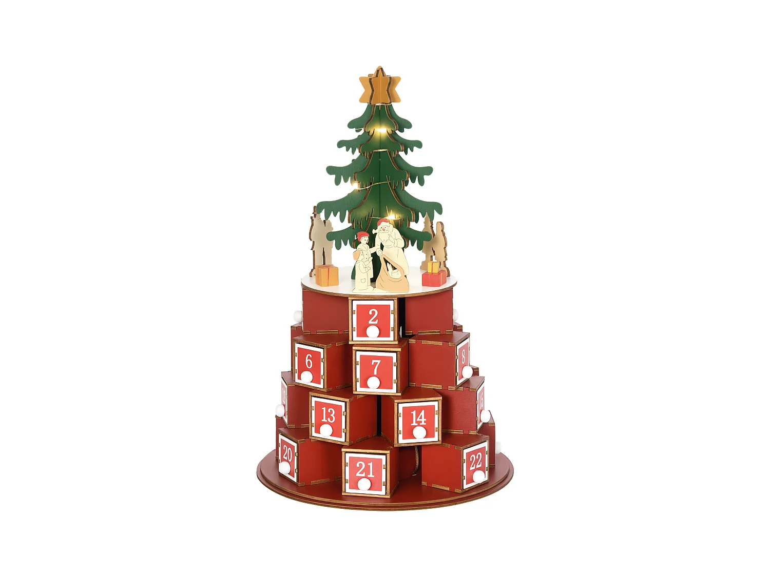 Calendario avvento in legno a cono con motivi a tema e luci led