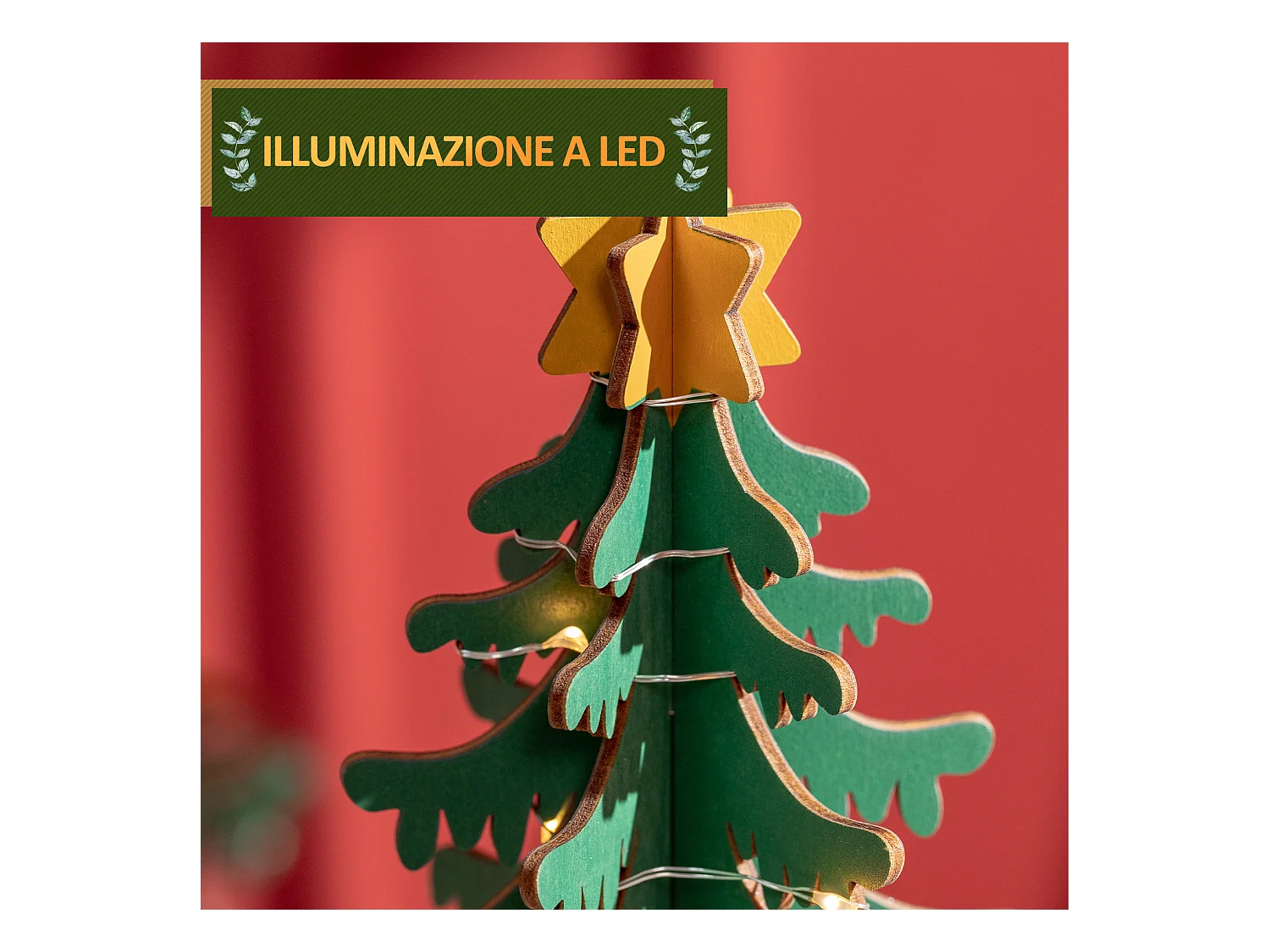 Calendario avvento in legno a cono con motivi a tema e luci led