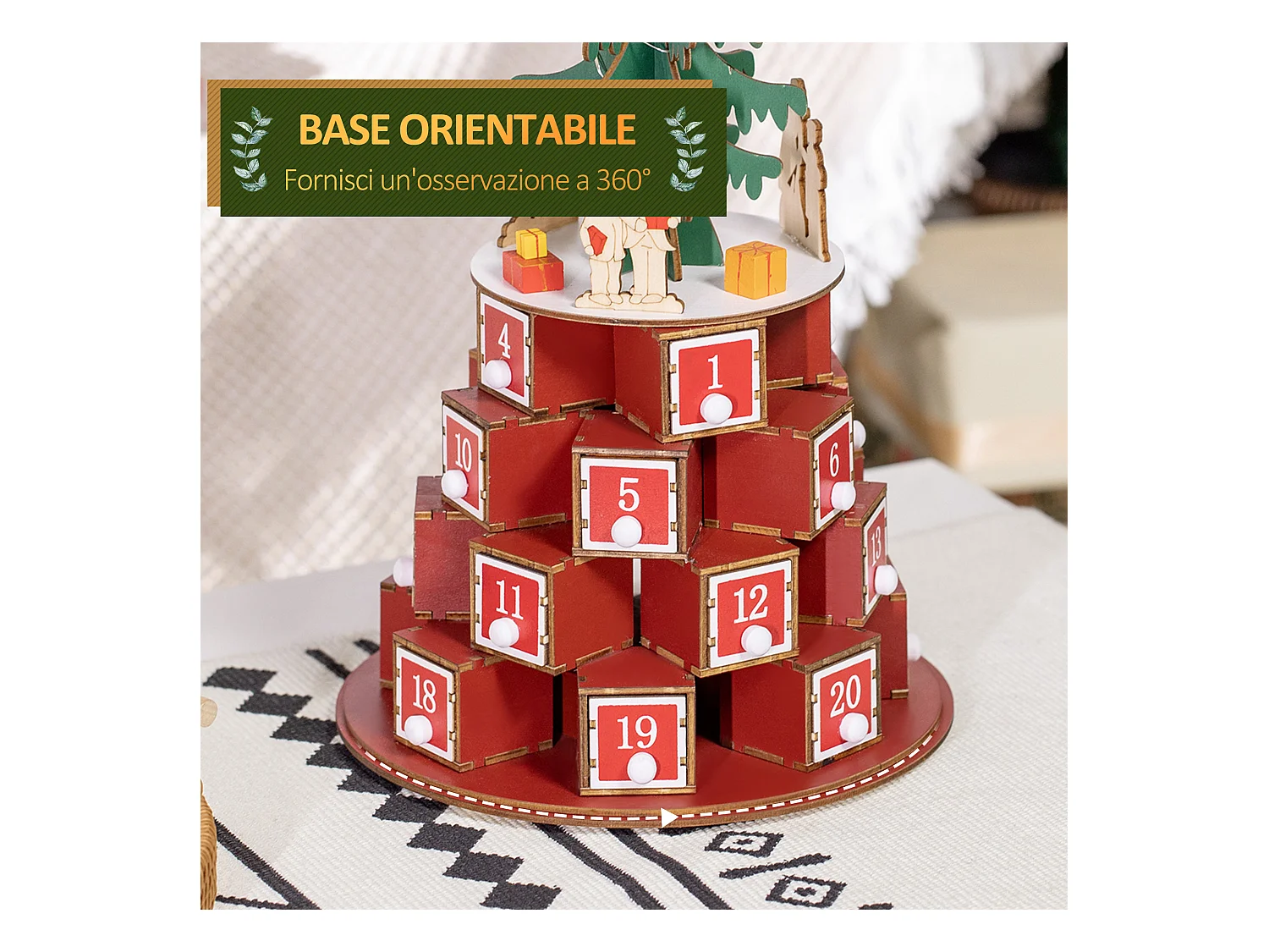 Calendario avvento in legno a cono con motivi a tema e luci led
