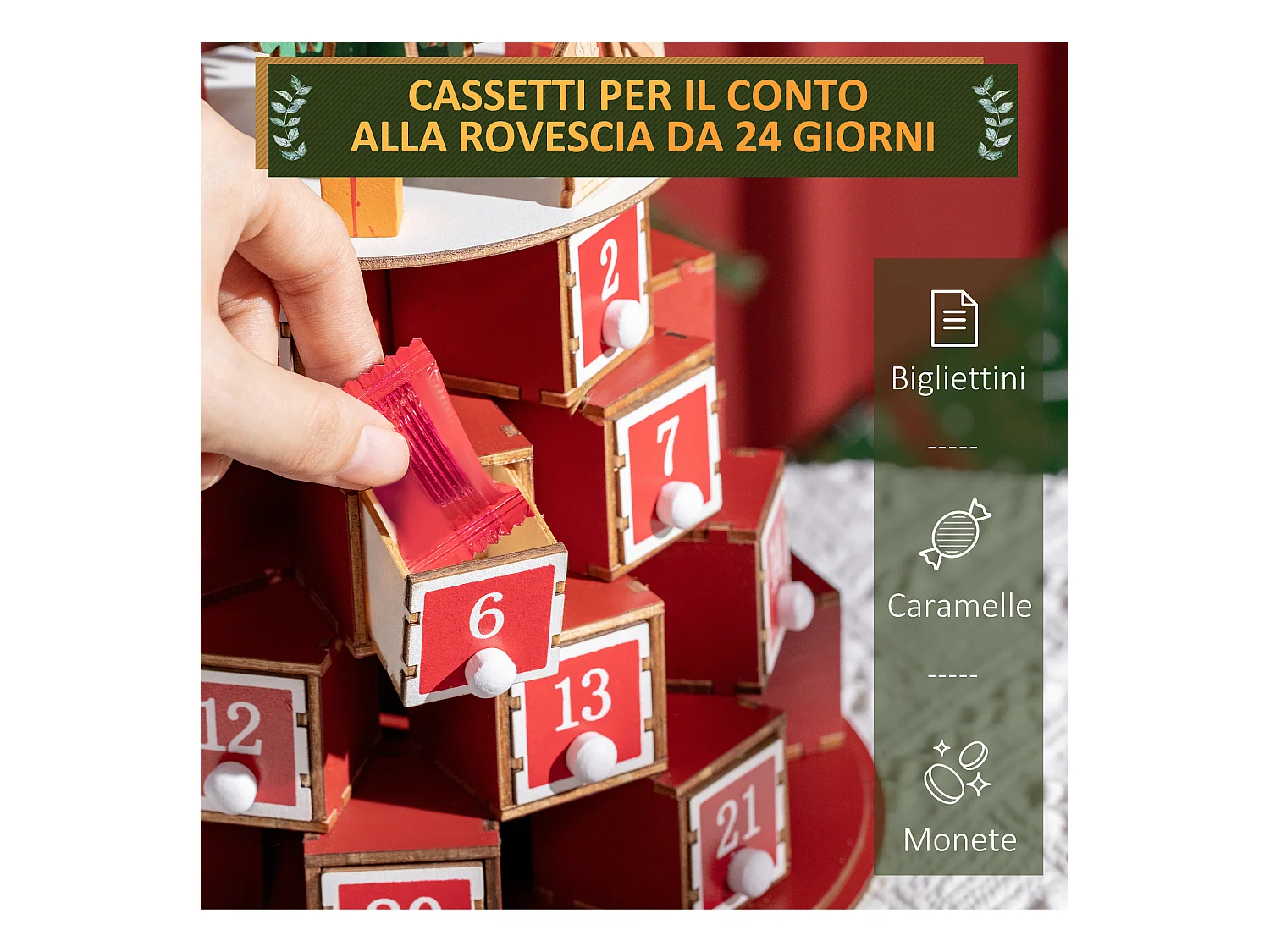 Calendario avvento in legno a cono con motivi a tema e luci led