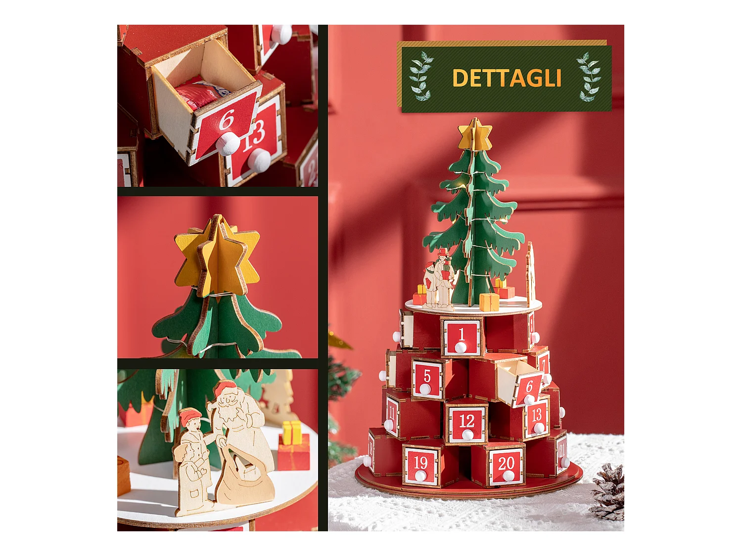 Calendario avvento in legno a cono con motivi a tema e luci led