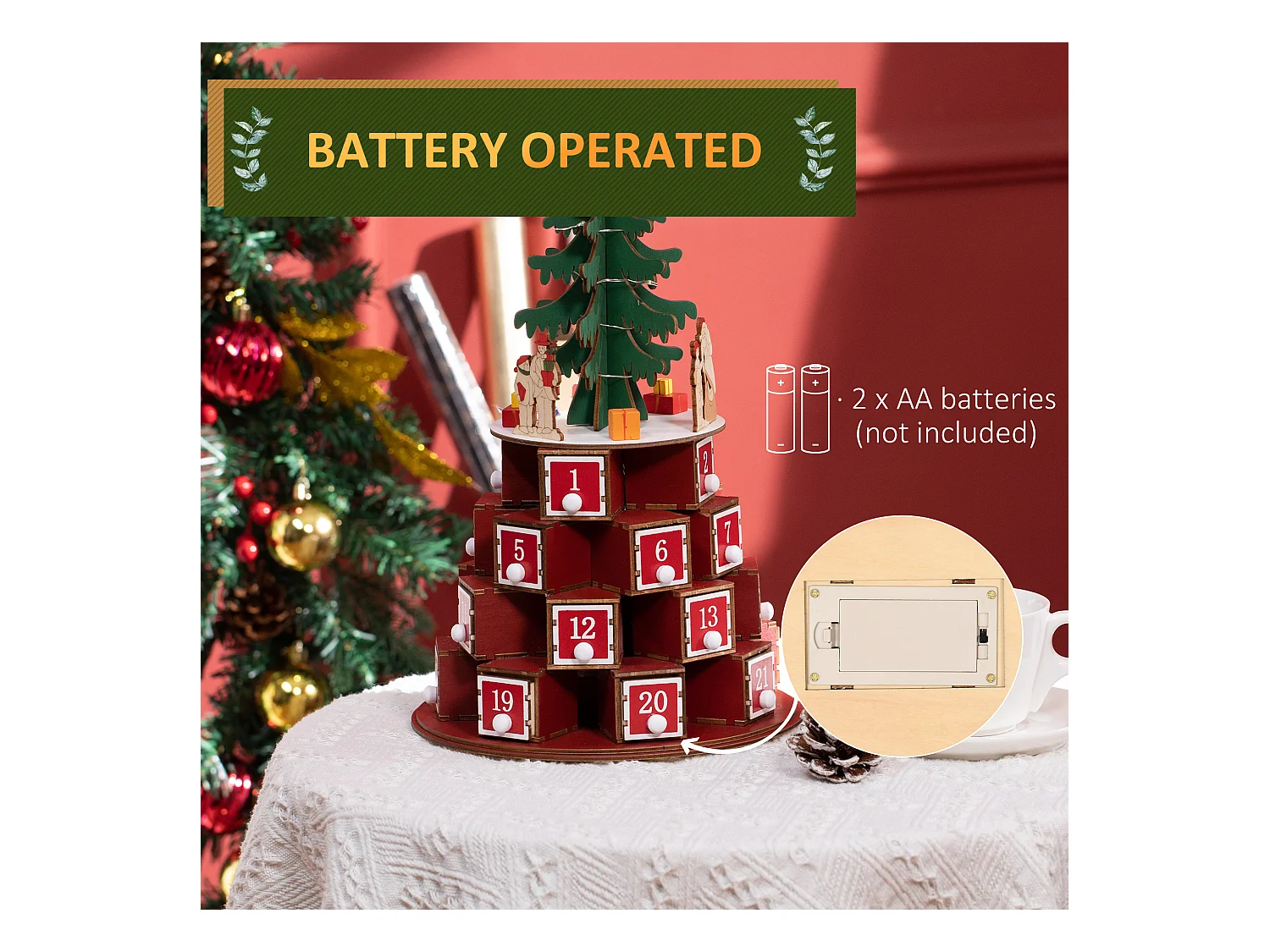 Calendario avvento in legno a cono con motivi a tema e luci led