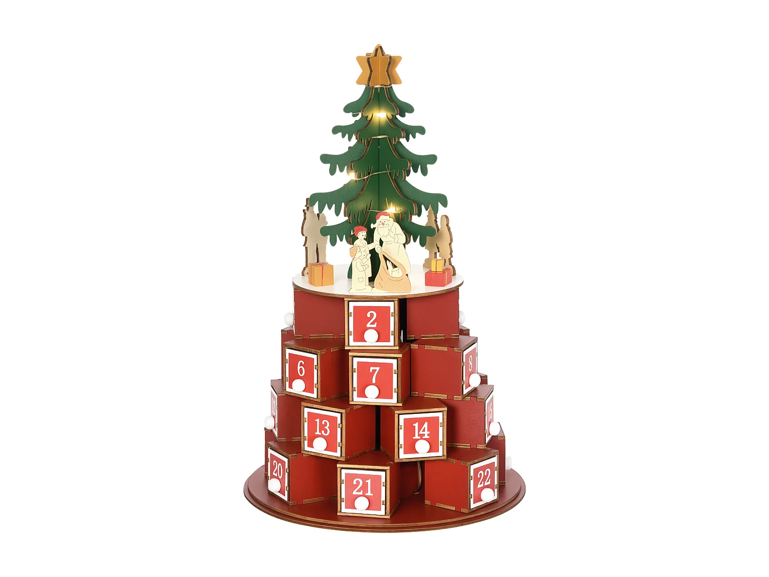 Calendario avvento in legno a cono con motivi a tema e luci led