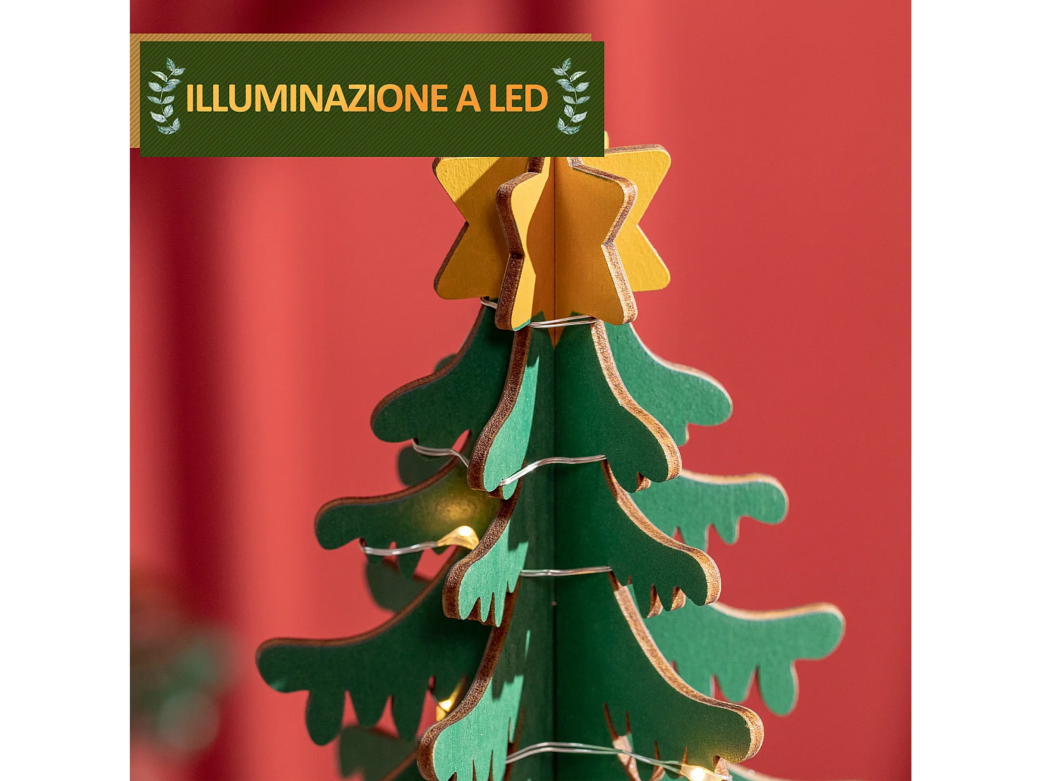 Calendario avvento in legno a cono con motivi a tema e luci led