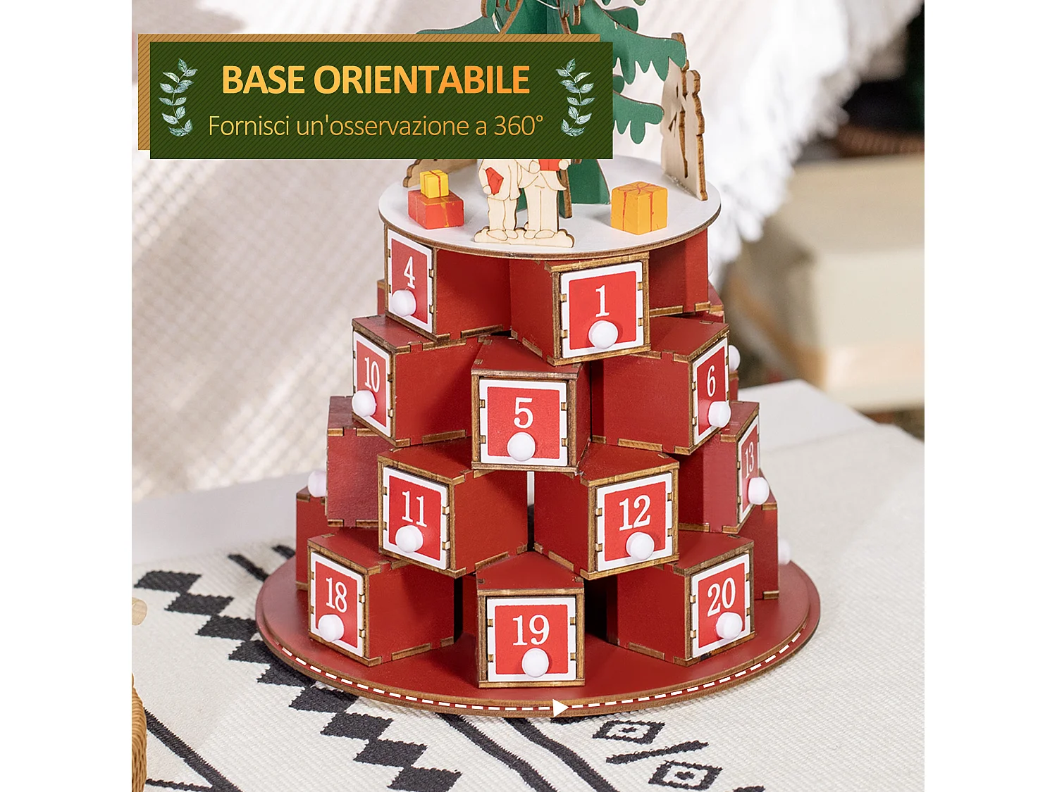 Calendario avvento in legno a cono con motivi a tema e luci led
