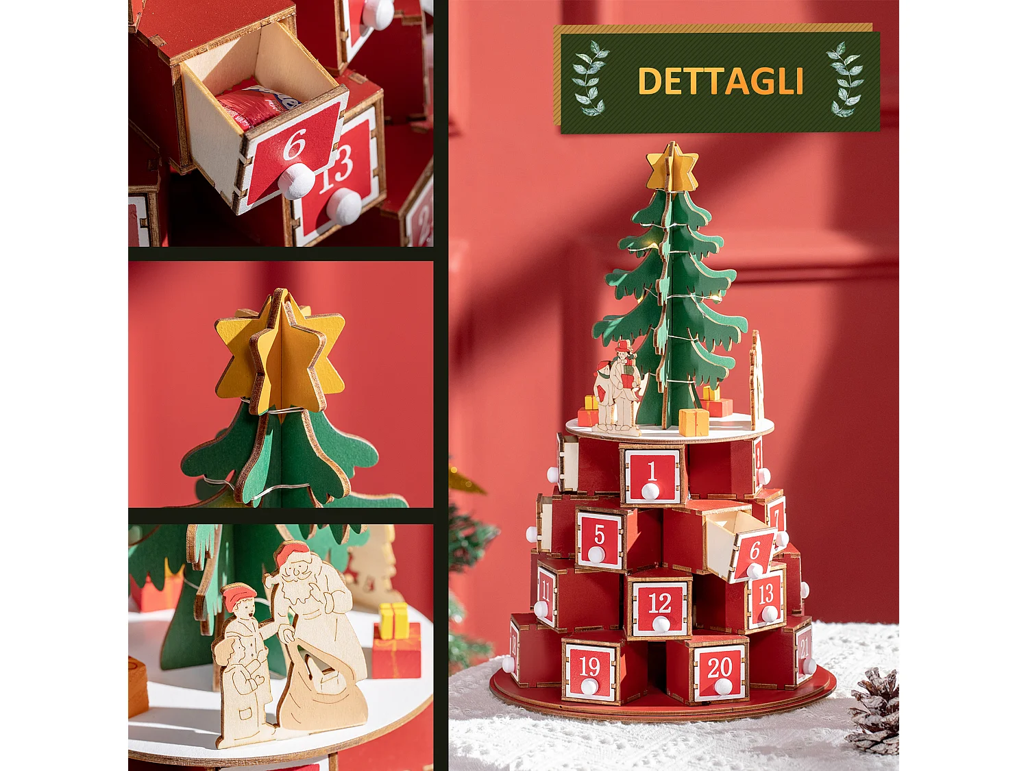 Calendario avvento in legno a cono con motivi a tema e luci led